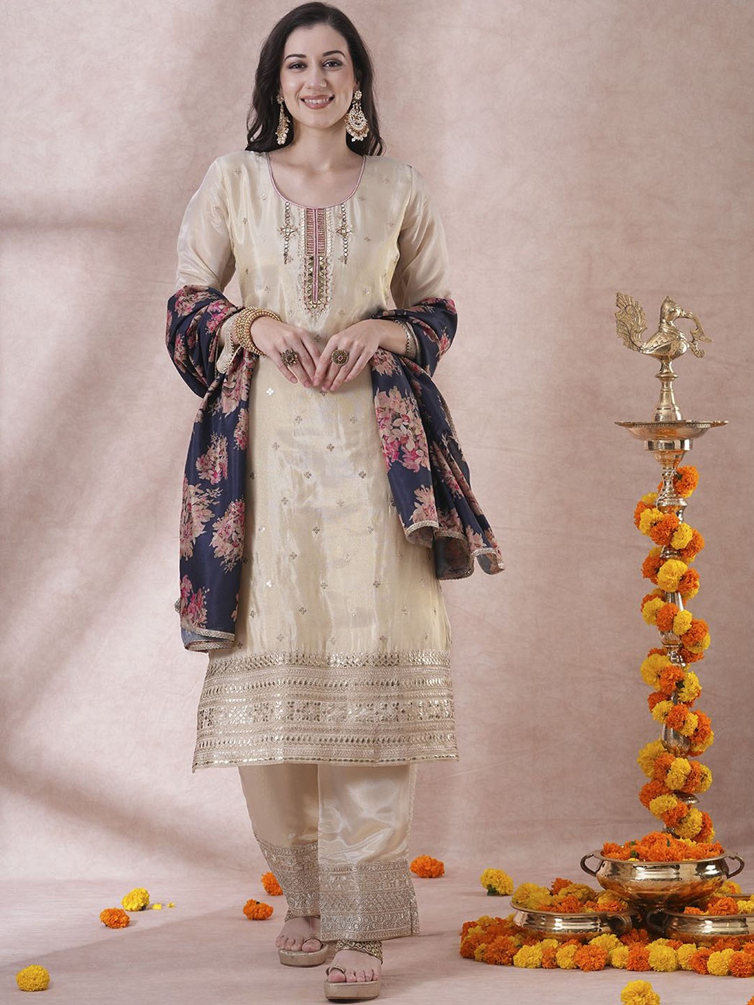 

FASHOR Floral Zari Embroidered Tissue Straight Kurta with Palazzo & Dupatta, Cream