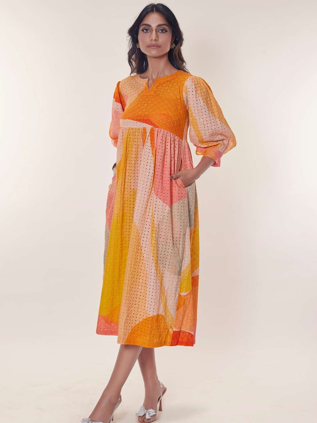 

POPPI Colourblocked Cotton Puff Sleeves Empire Midi Dress, Yellow
