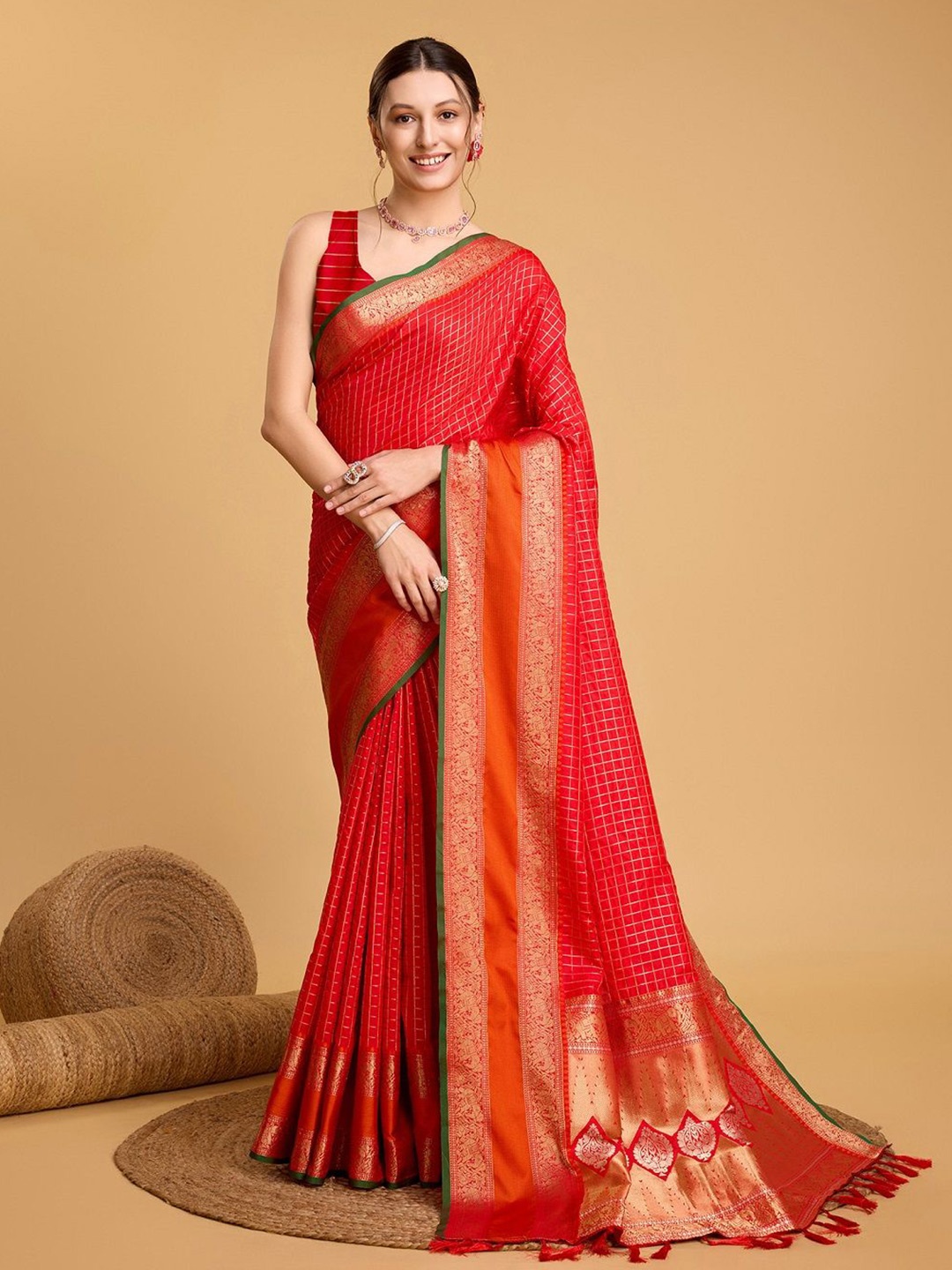 

Suha Ethnic Motifs Zari Pure Silk Banarasi Saree, Red