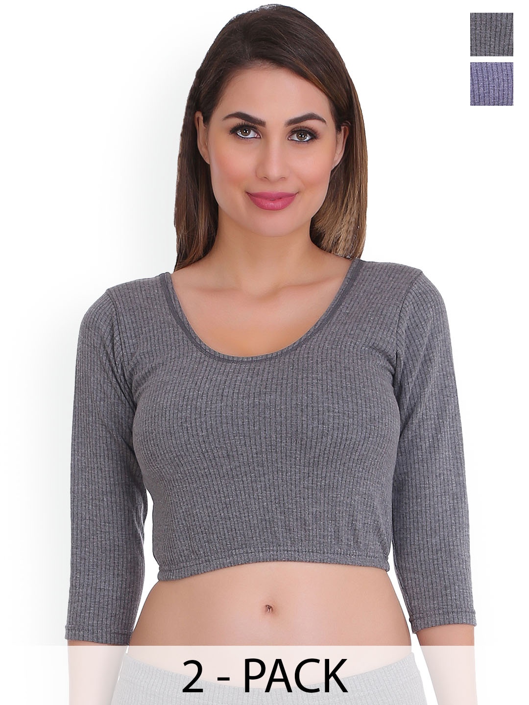 

SELFCARE Women Pack of 2 Round Neck Thermal Crop Tops, Charcoal