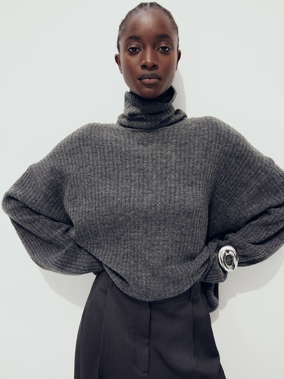 

H&M Oversized Polo-Neck Jumper, Grey