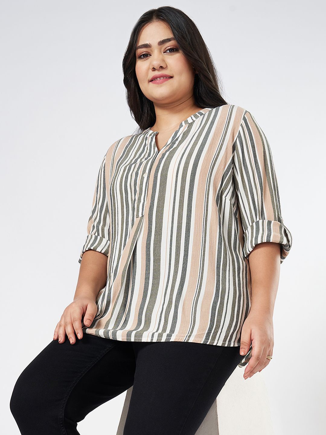 

Honey Curvytude by Pantaloons Mandarin Collar Cotton Plus Size Top, Peach