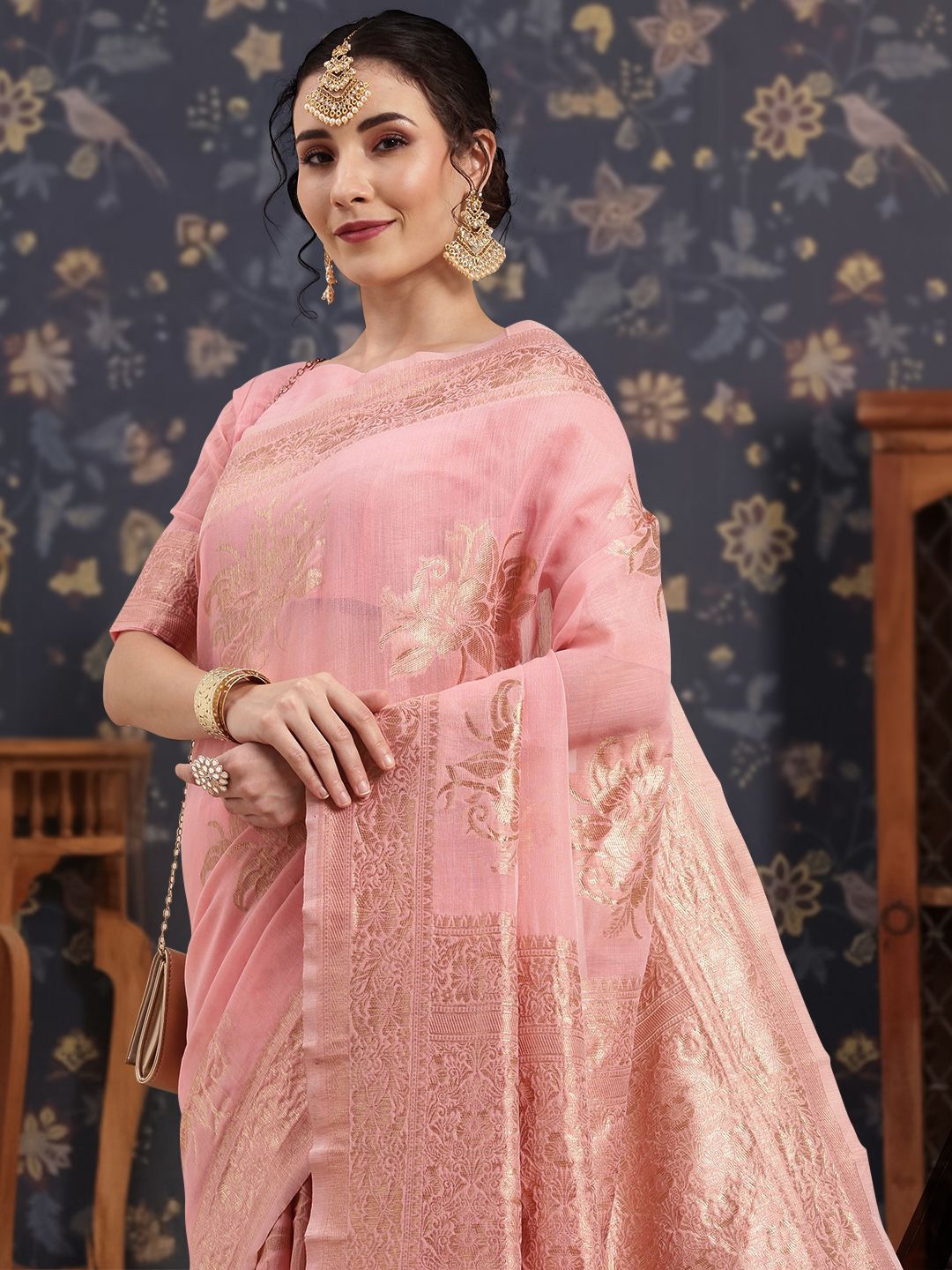 

House of Pataudi Woven Design Banarasi Saree With Blouse Piece, Pink