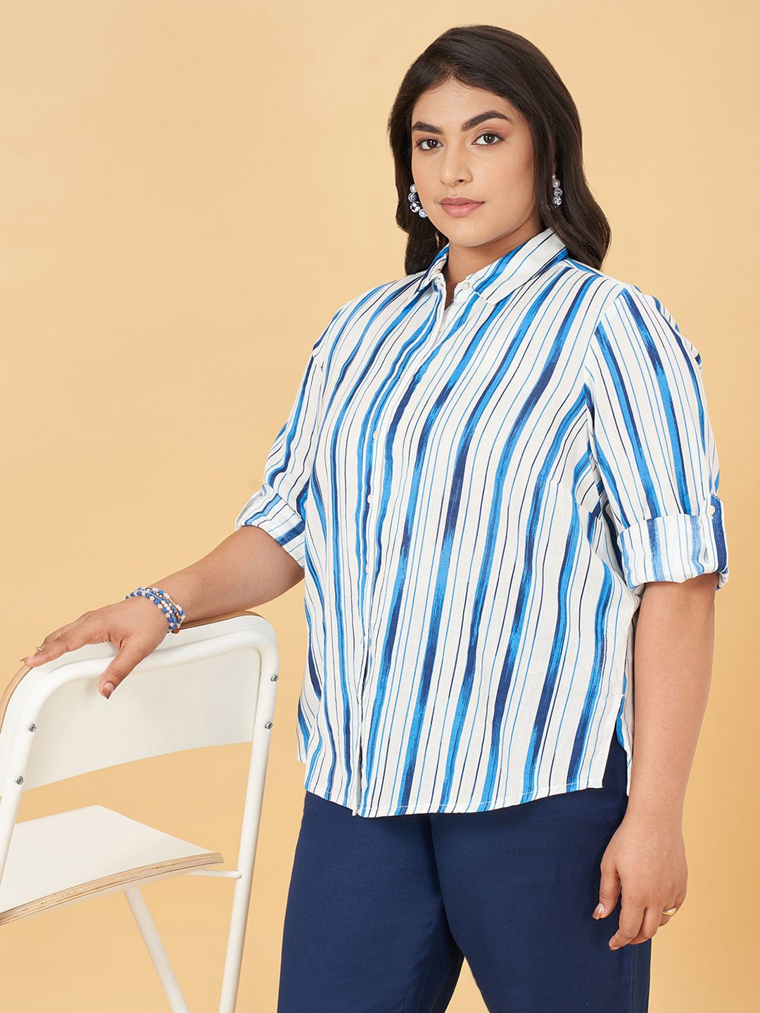 

Honey Curvytude by Pantaloons Women Plus Size Striped Casual long Top, Off white
