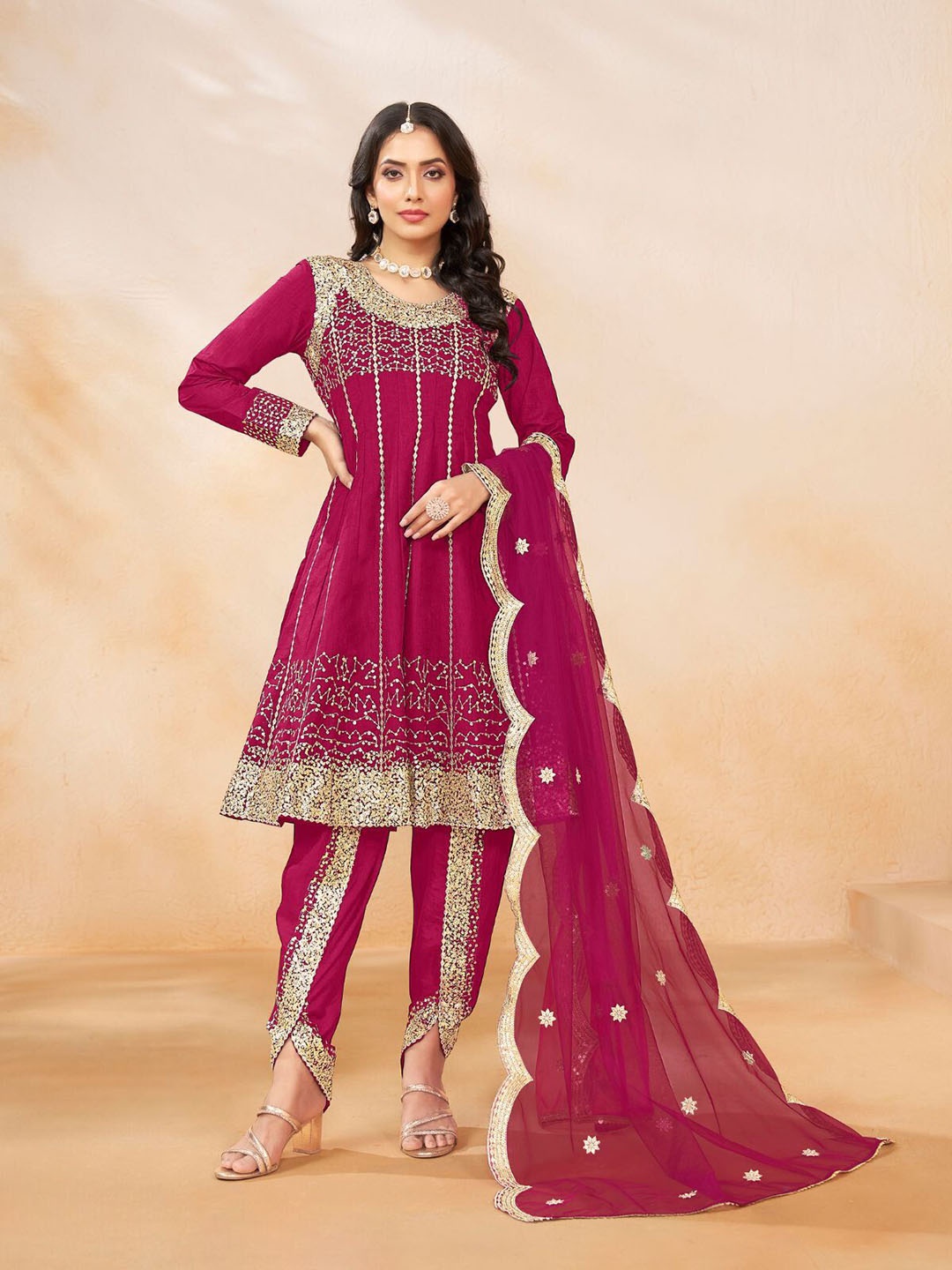 

ODETTE Floral Embroidered A-Line Kurta With Dhoti & Dupatta, Maroon