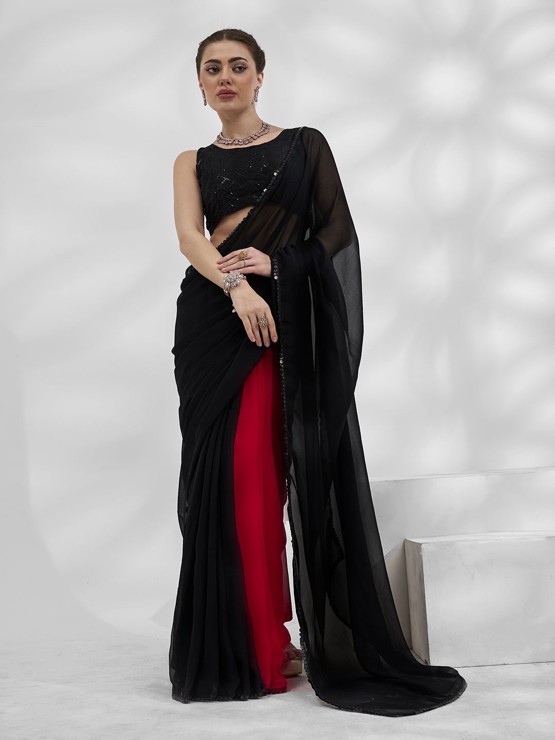 

Mitera Pure Chiffon Ready to Wear Solid Saree, Black