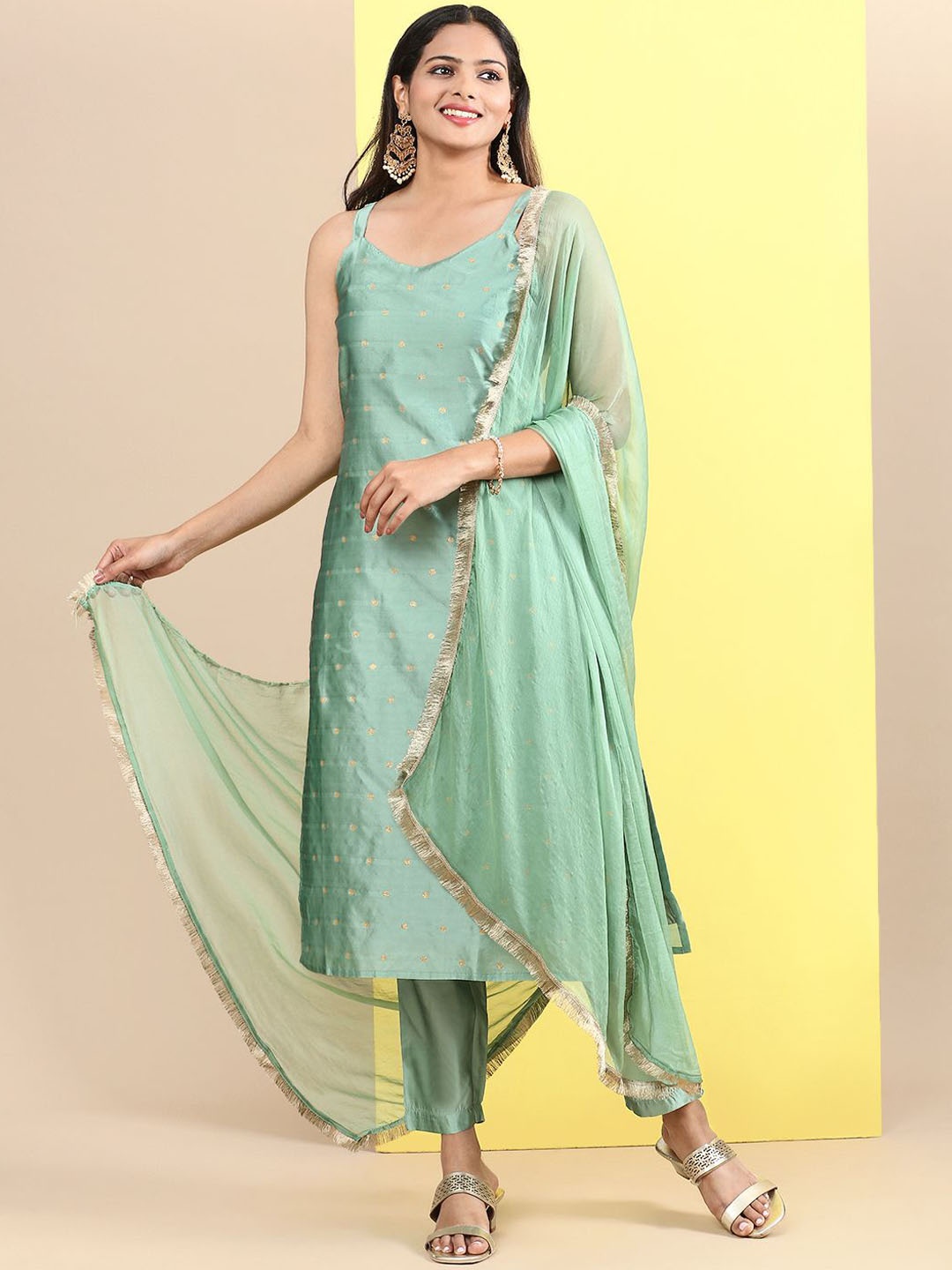 

Styli Floral Woven Design Shoulder Straps Zari Straight Kurta With Trousers & Dupatta, Green