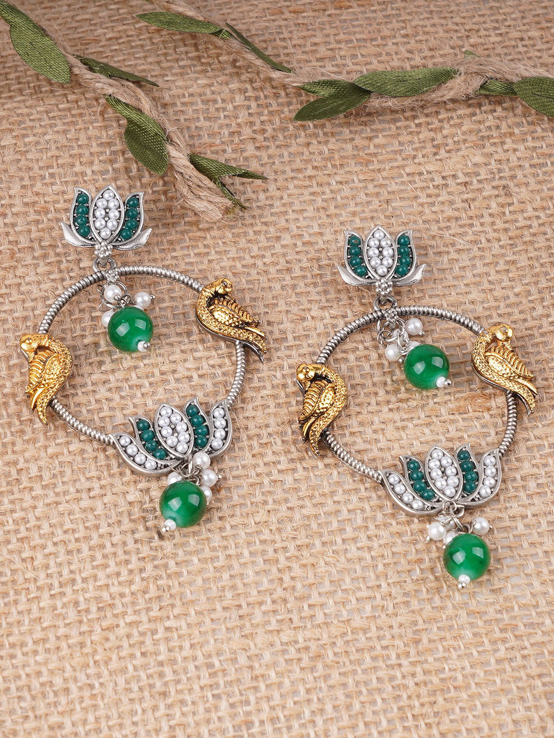 

Adwitiya Collection Silver Plated Pigeon & Lotus Design Oxidised Pearls Drop Earrings