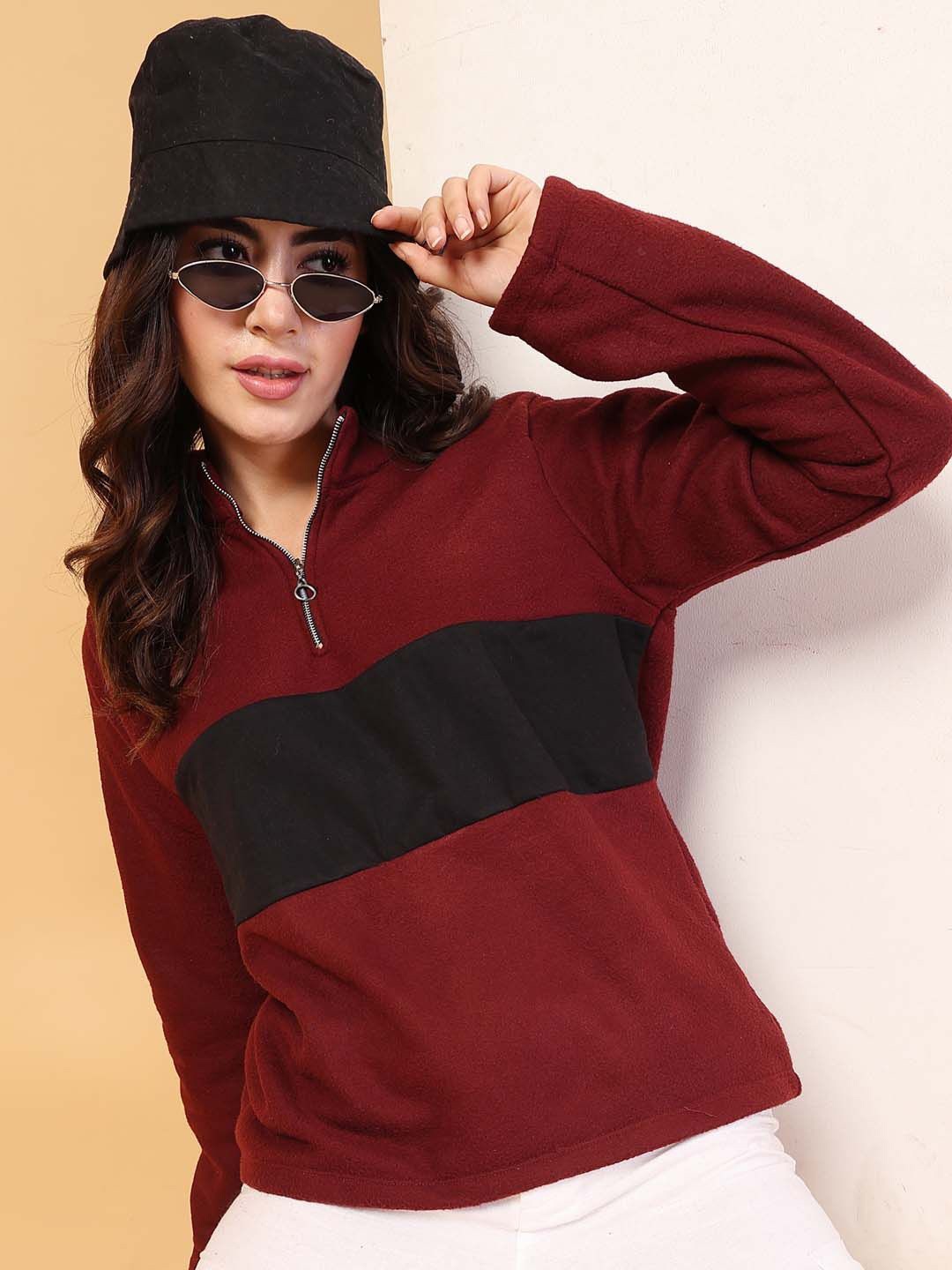 

Rigo Women Colourblocked High Neck Sweatshirt, Maroon