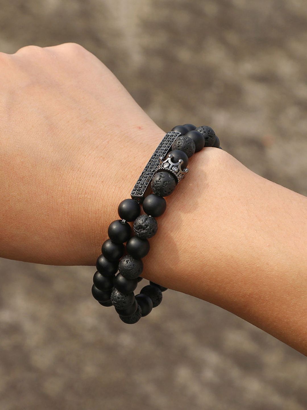 

Designs & You Men Set Of 2 Silver-Plated Beaded Elasticated Bracelet, Black