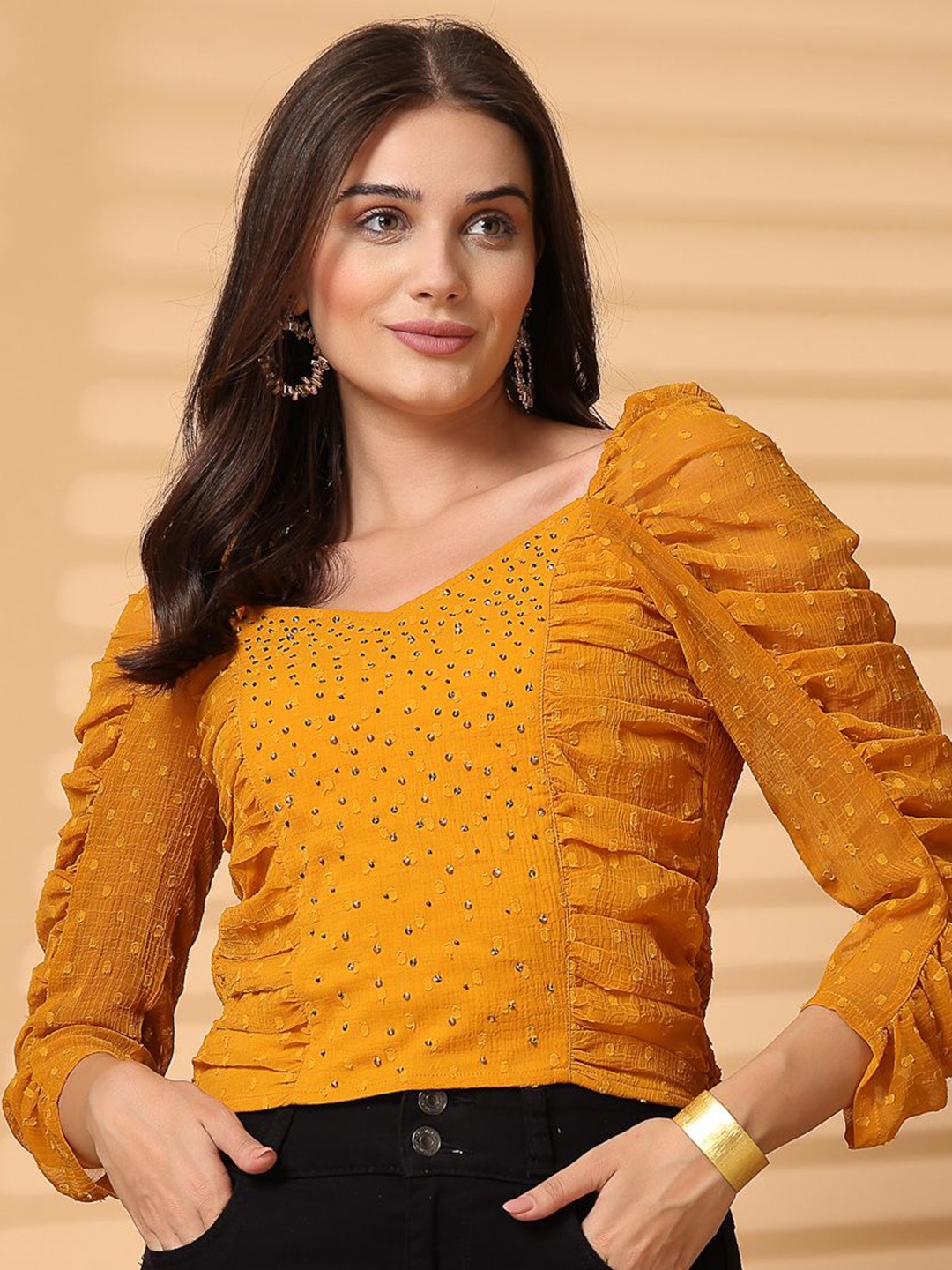 

ARDITA Women Self Design Fitted Crop Top, Mustard