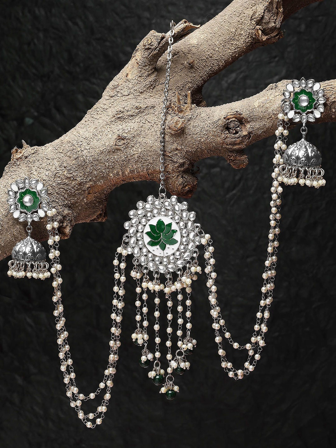 

KARATCART Silver-Plated Jhumkas With Juda Pin, Green