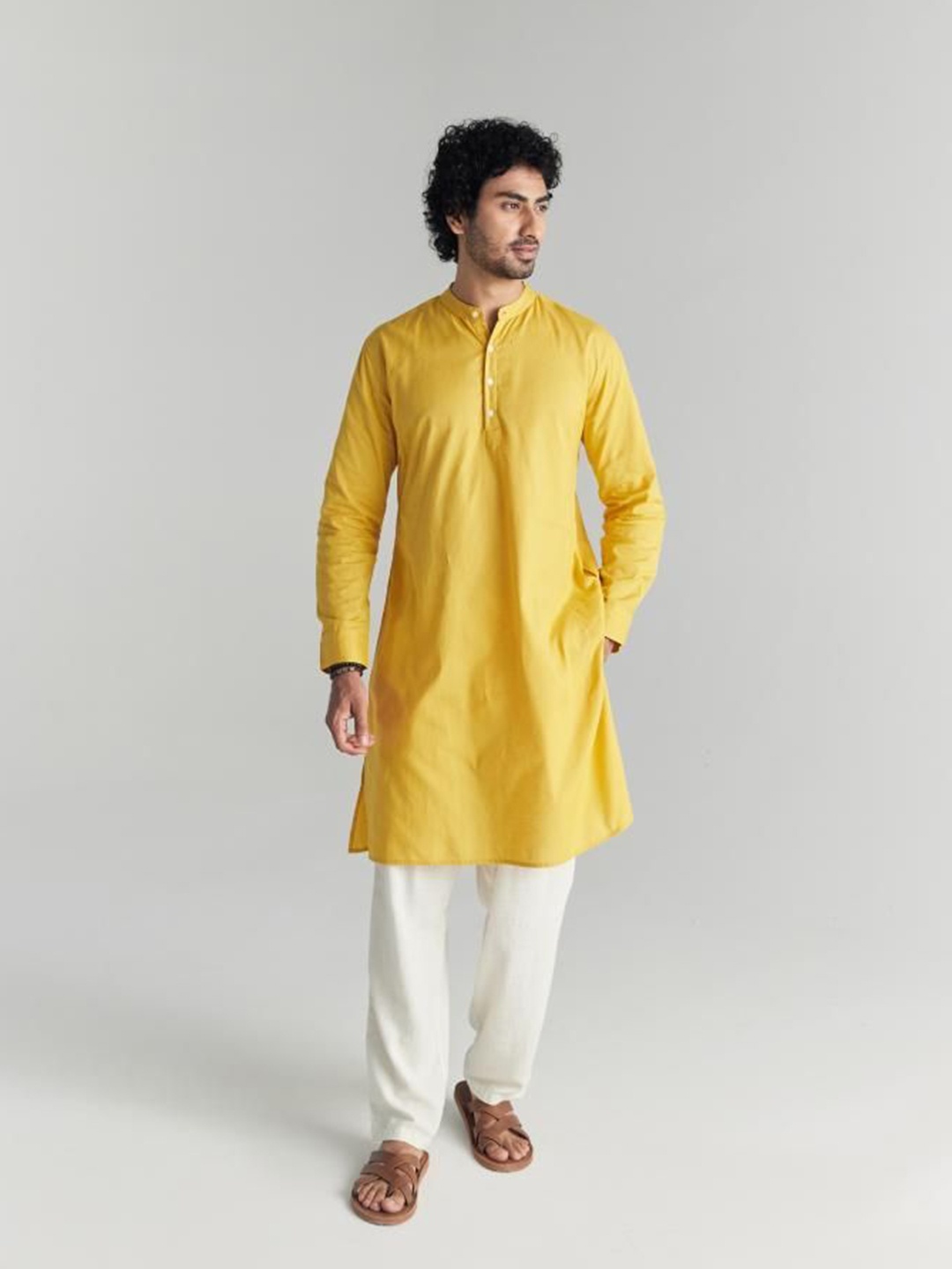 

SAADAA Mandarin Collar Long Sleeves Cotton Straight Kurta, Yellow