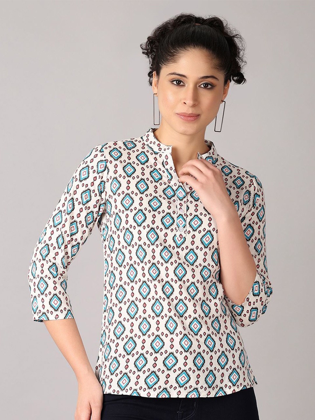 

V-Mart Women Geometric Print Shirt Style Top, White