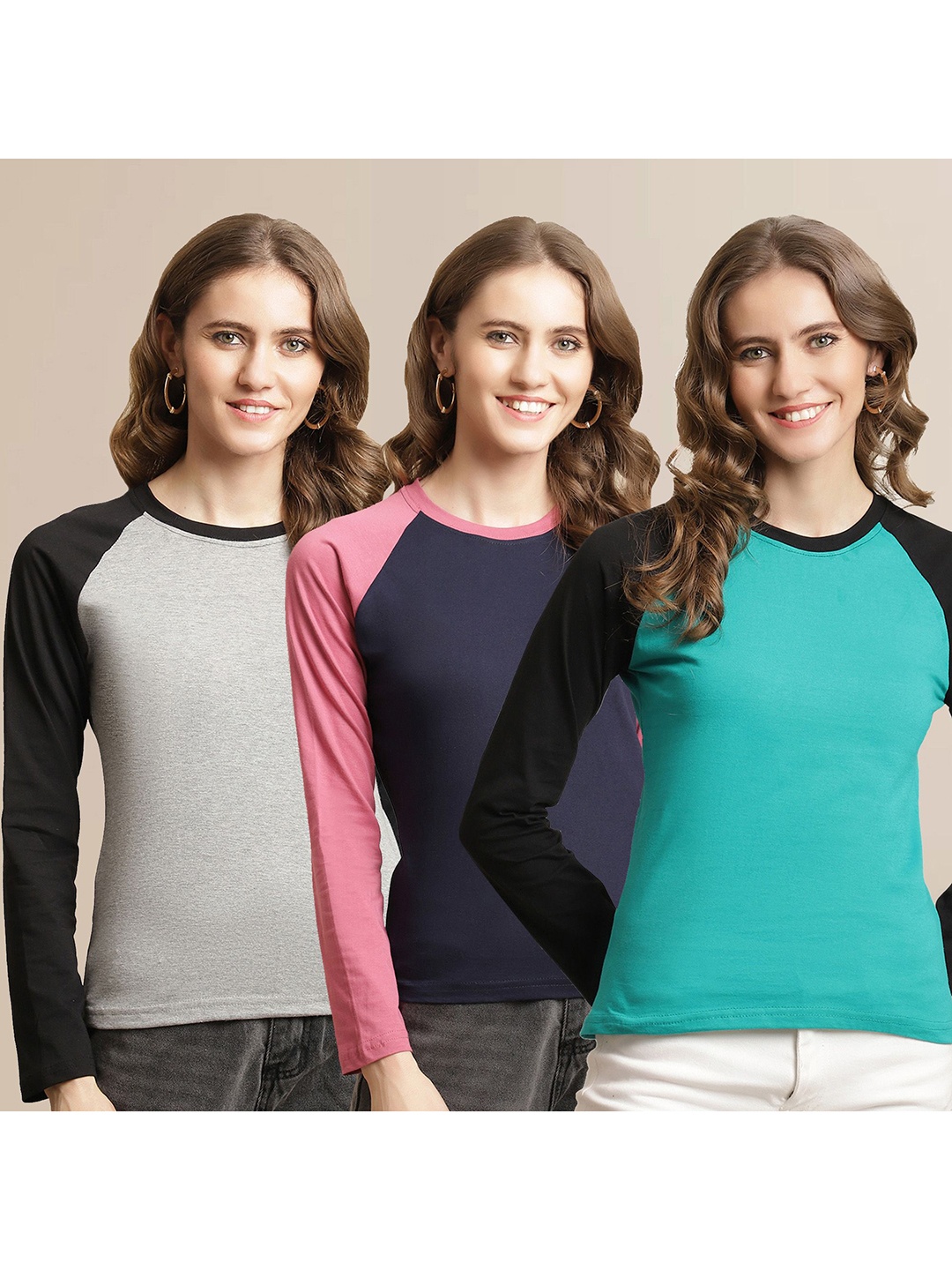 

Metronaut Women Pack Of 3 Colourblocked Round Neck Cotton T-shirts, Turquoise blue