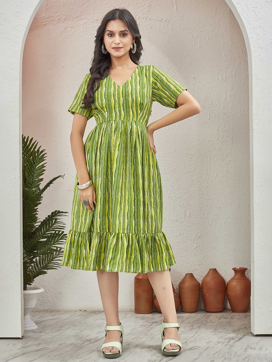 

Chandbaali Women Striped V-Neck Cotton Fit & Flare Dress, Fluorescent green