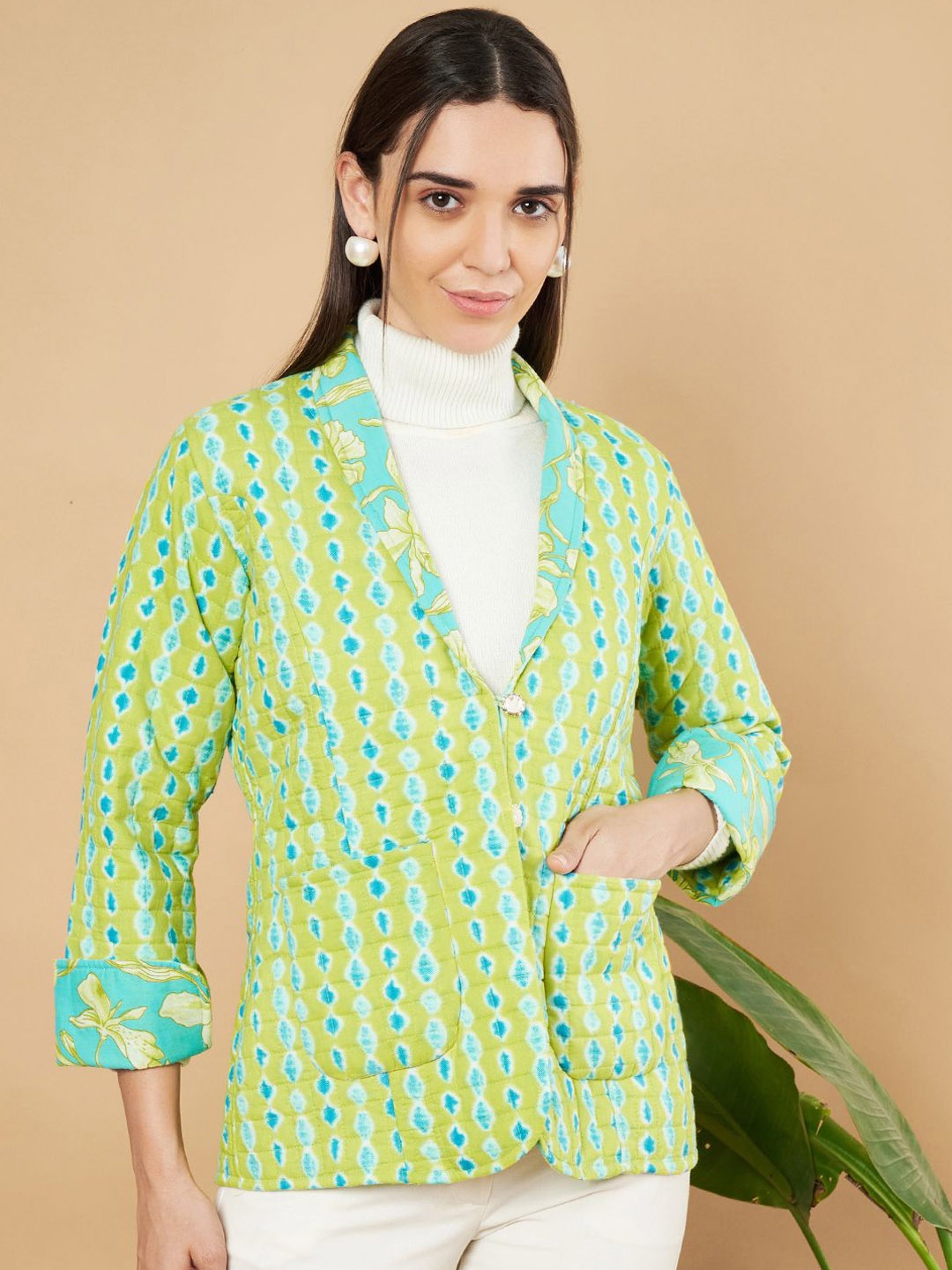 

COTLAND FASHION Printed Shawl Collar Single Breasted Comfort Fit Cotton Blazers, Lime green