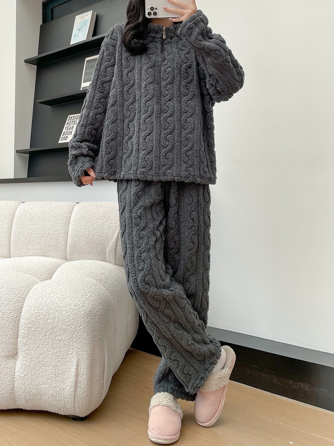 

Lugo Women Striped Round Neck Night suit, Grey