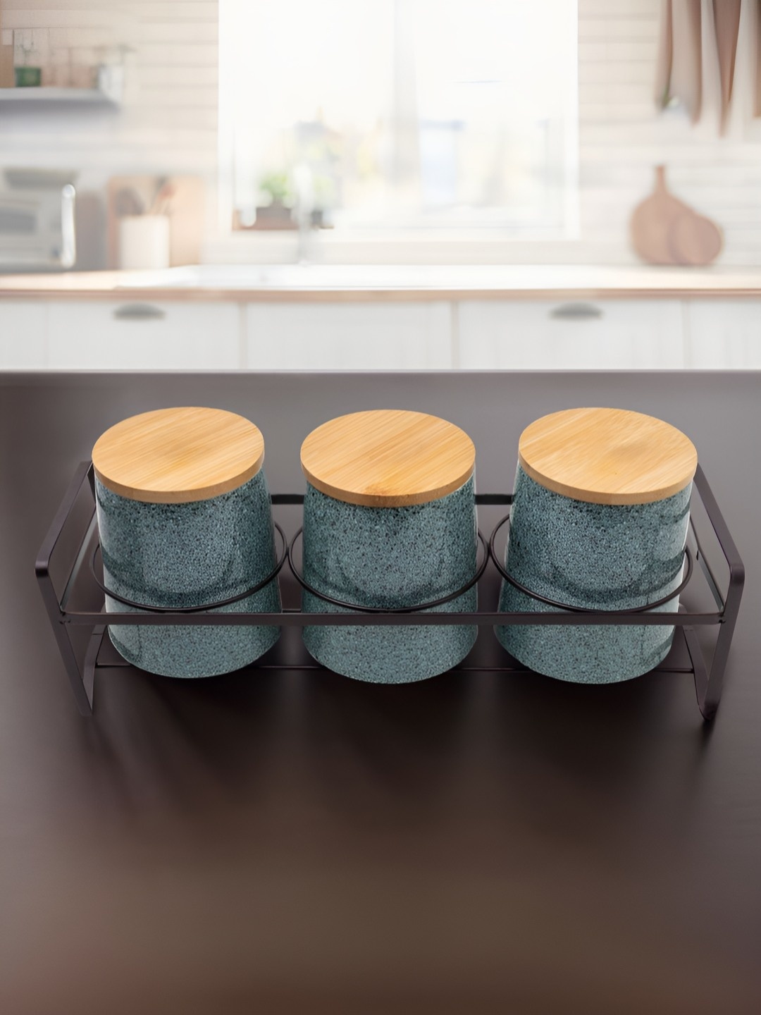 

The Better Home Grey & Brown 3 Pieces Ceramic Core Containers With Stand 650 ml