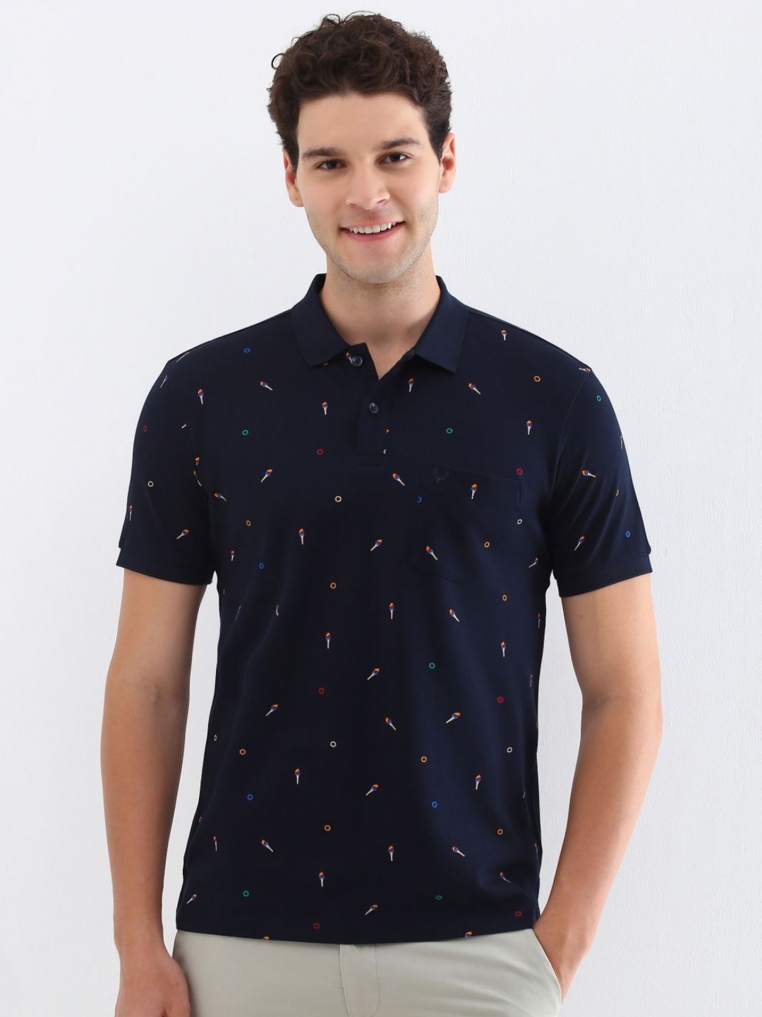 

Allen Solly Men Conversational Printed Polo Collar Cotton T-shirt, Navy blue