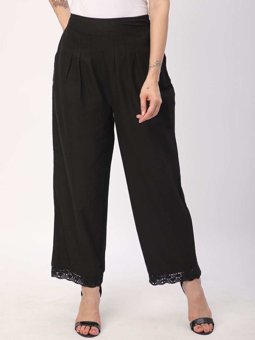 

R&B Women Cotton Straight Fit High-Rise Pleated Trousers, Black