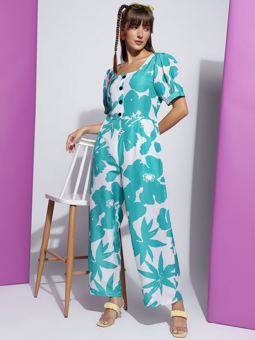 

J Turritopsis Women Printed Square Neck Short Sleeves Basic Jumpsuit, Sea green