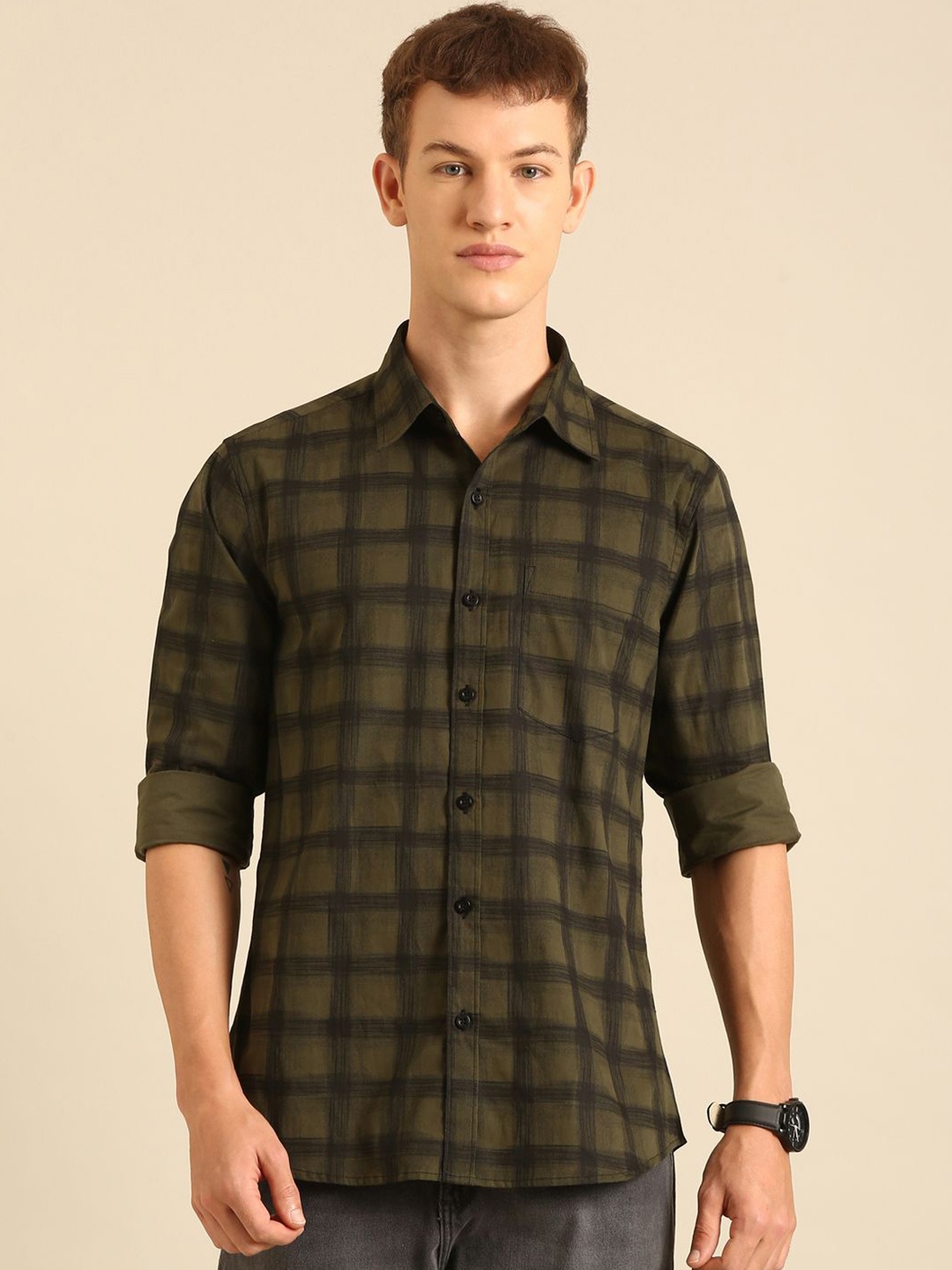 

Provogue Men Cutaway Collar Tartan Checked Cotton Casual Shirt, Olive
