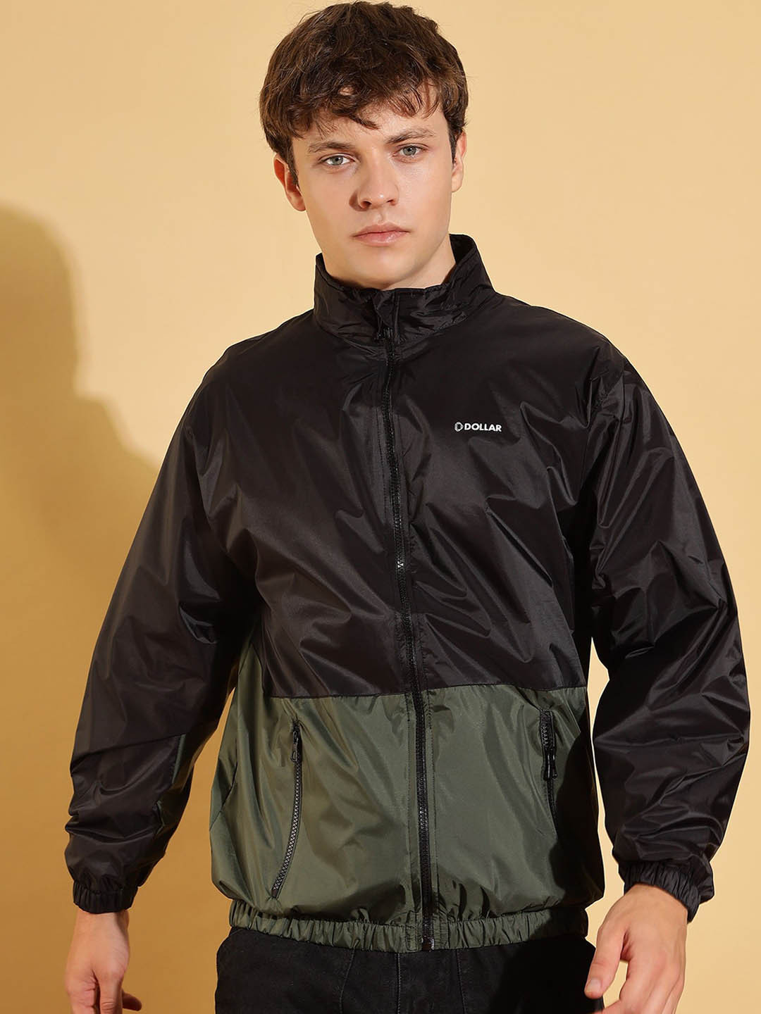 

Dollar Men Mock Collar Colourblocked Casual Bomber Jacket, Black