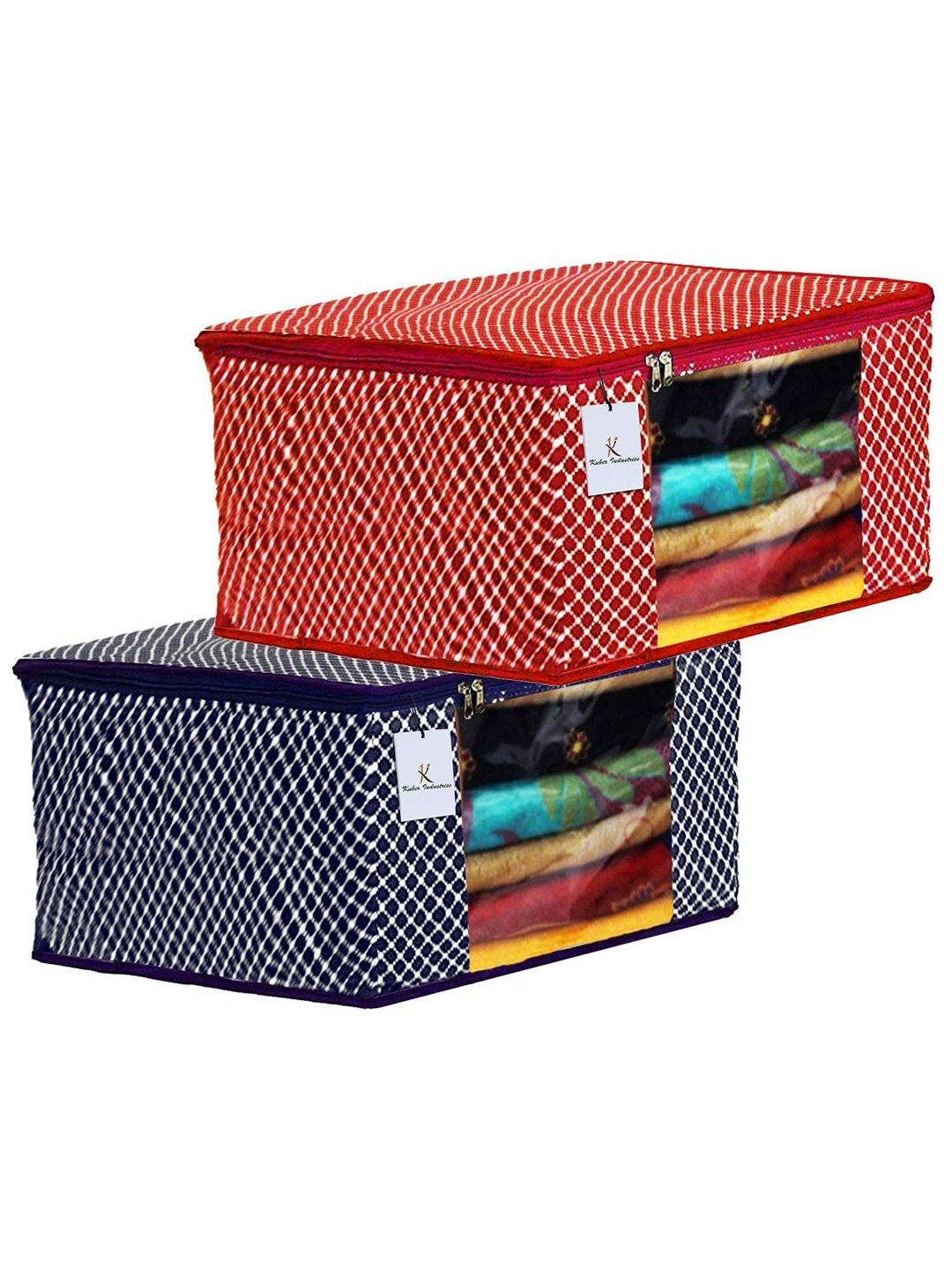 

Kuber Industries Blue & Red 2 Pieces Polka Dots Printed Cotton 3 Layered Drawer Organisers