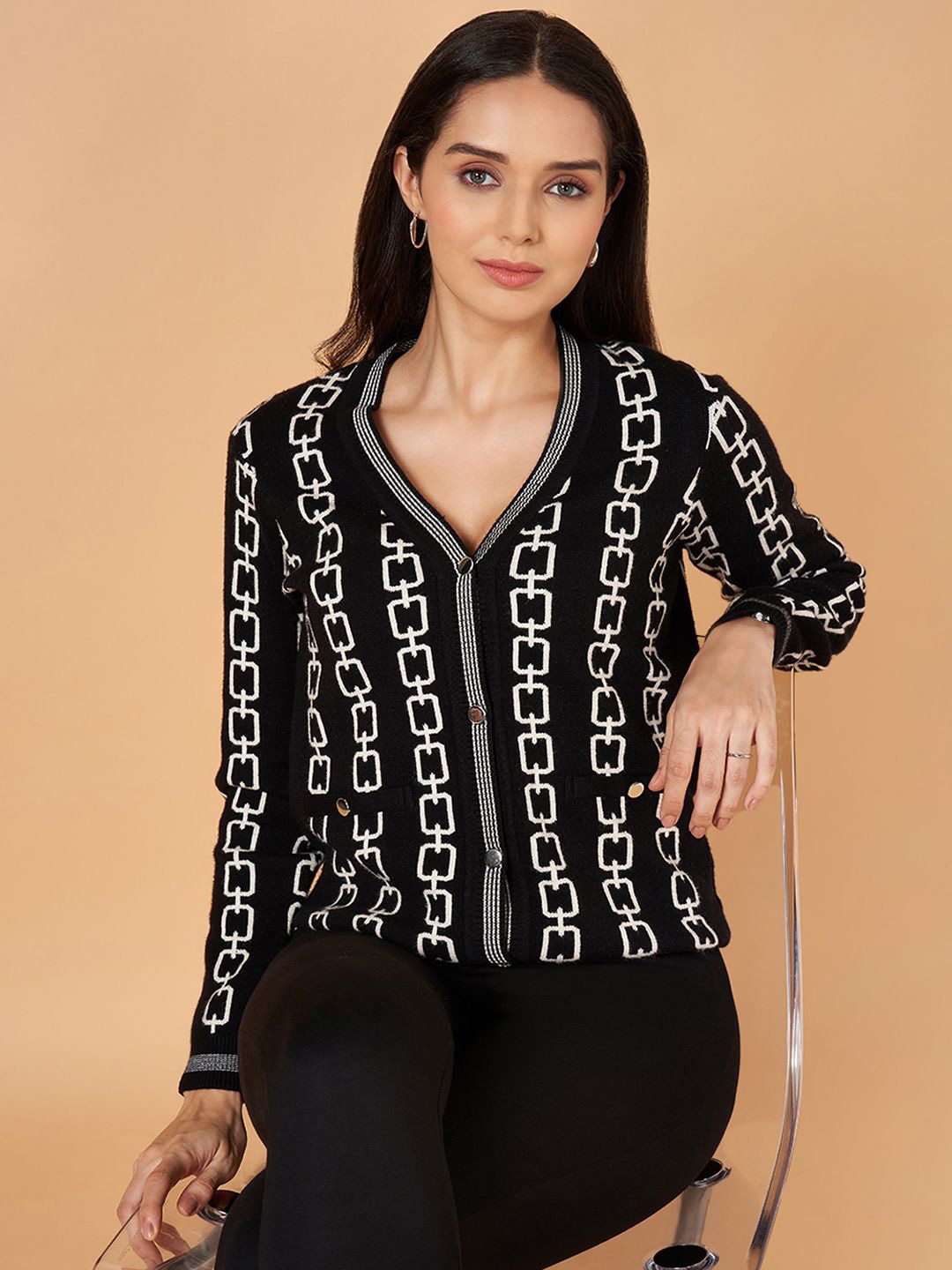 

Annabelle by Pantaloons Women Printed V-Neck Long Sleeves Cardigan Sweaters, Black