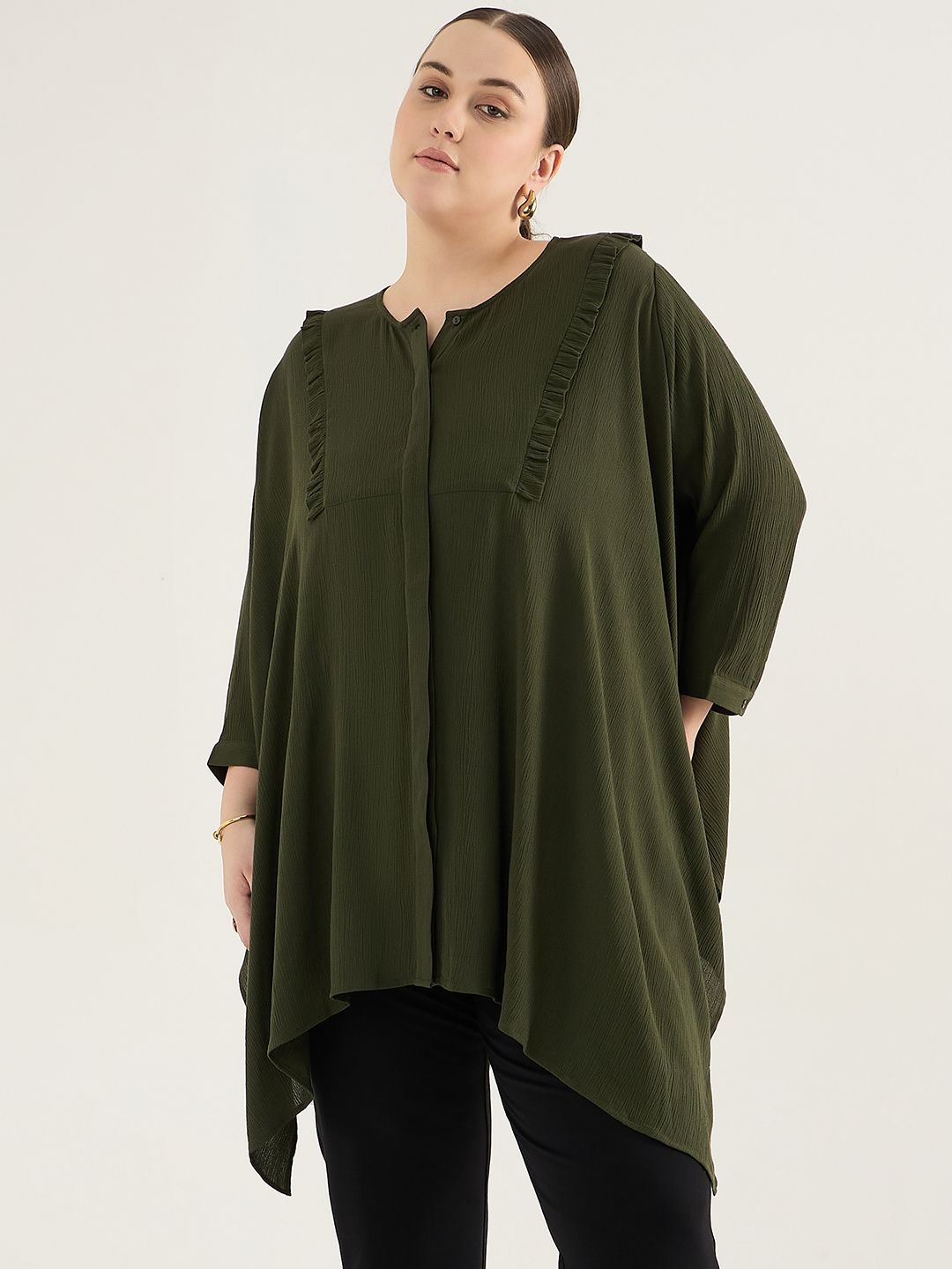 

FEMMELLA Women Plus Size Self Design Tunic With Ruffle Details, Olive