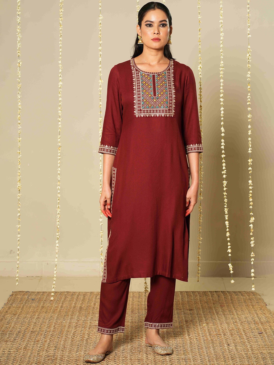 

MEESAN Pashmina Ethnic Kurta Set, Maroon