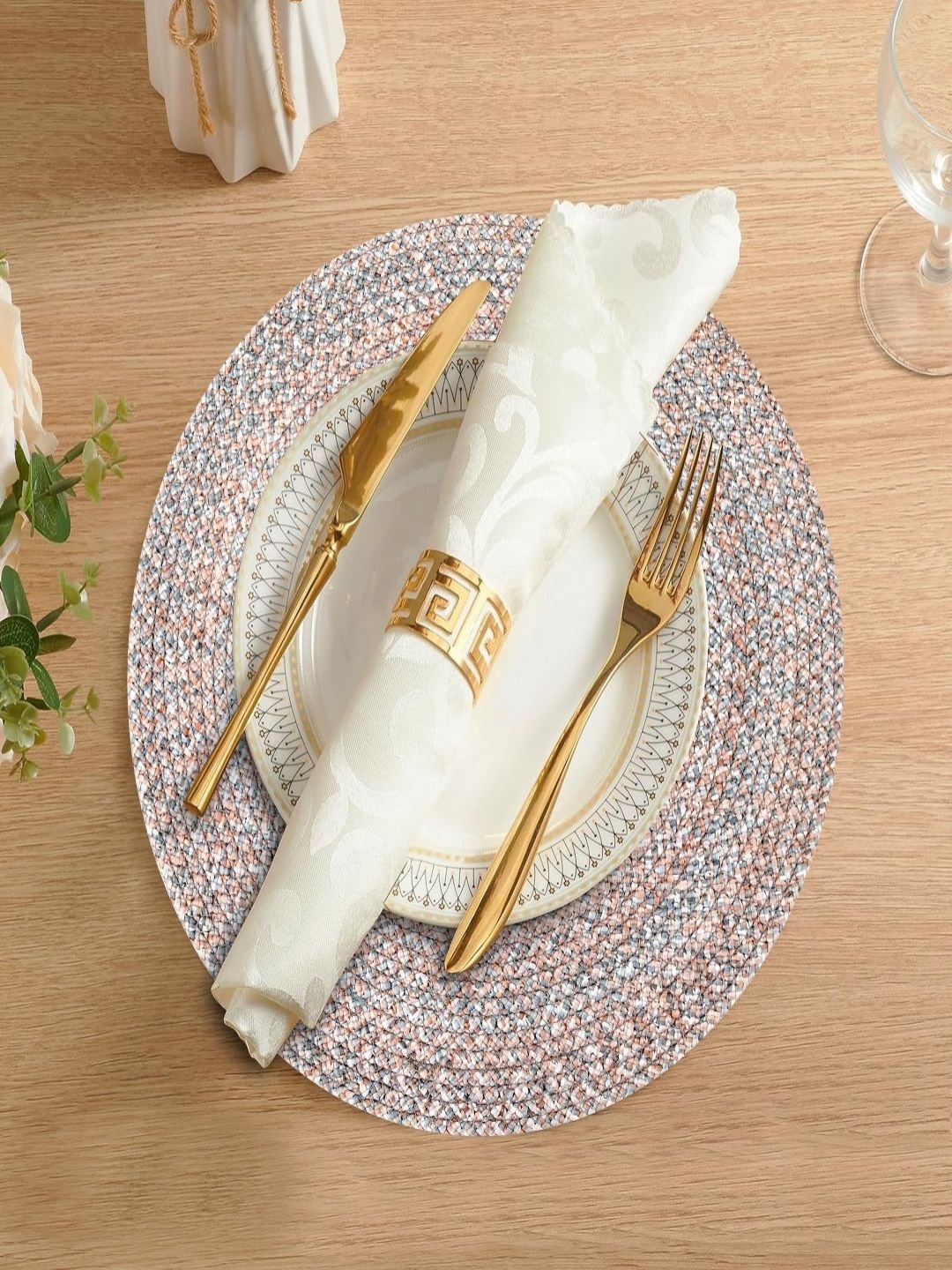 

LADLI JEE Copper-Toned & Blue Textured Round Table Placemat