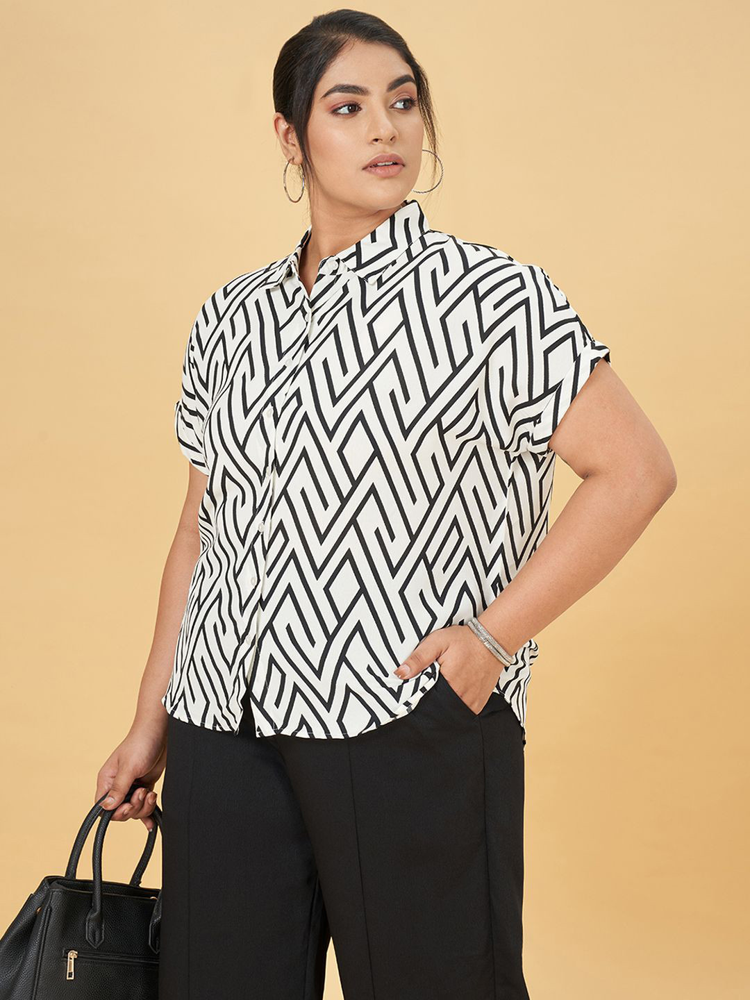 

Honey Curvytude by Pantaloons Women Geometric Printed Plus Size Shirt Style Regular Top, White