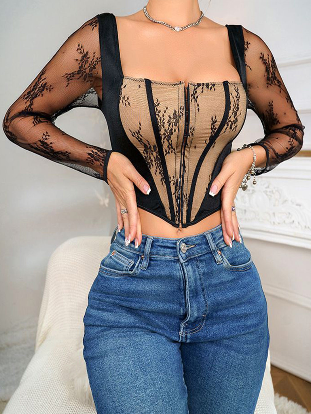 

StyleCast Women Printed Shirt Style Crop Top, Black