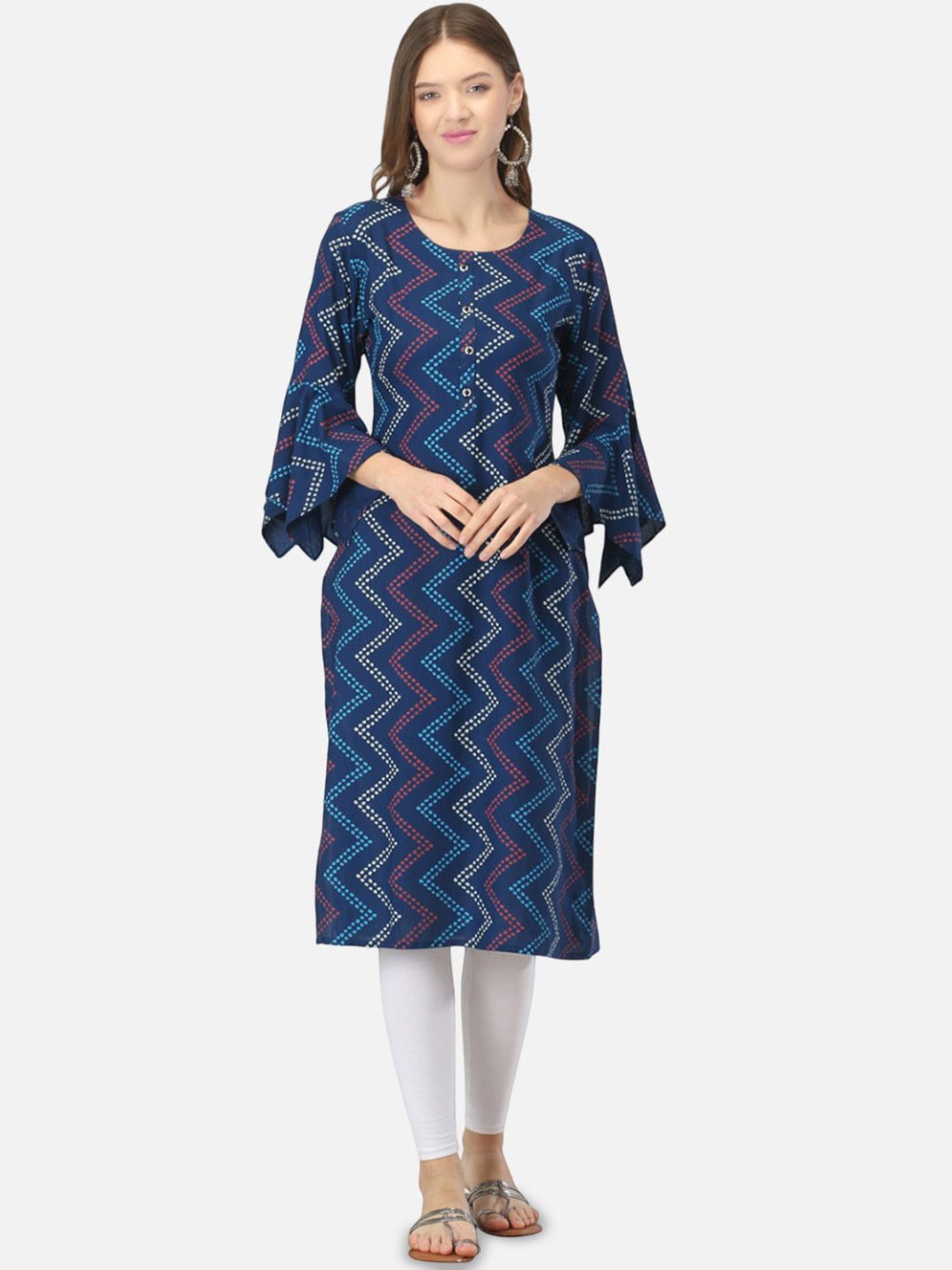 

Biyu Geometric Printed Bell Sleeves Cotton Straight Kurta, Blue