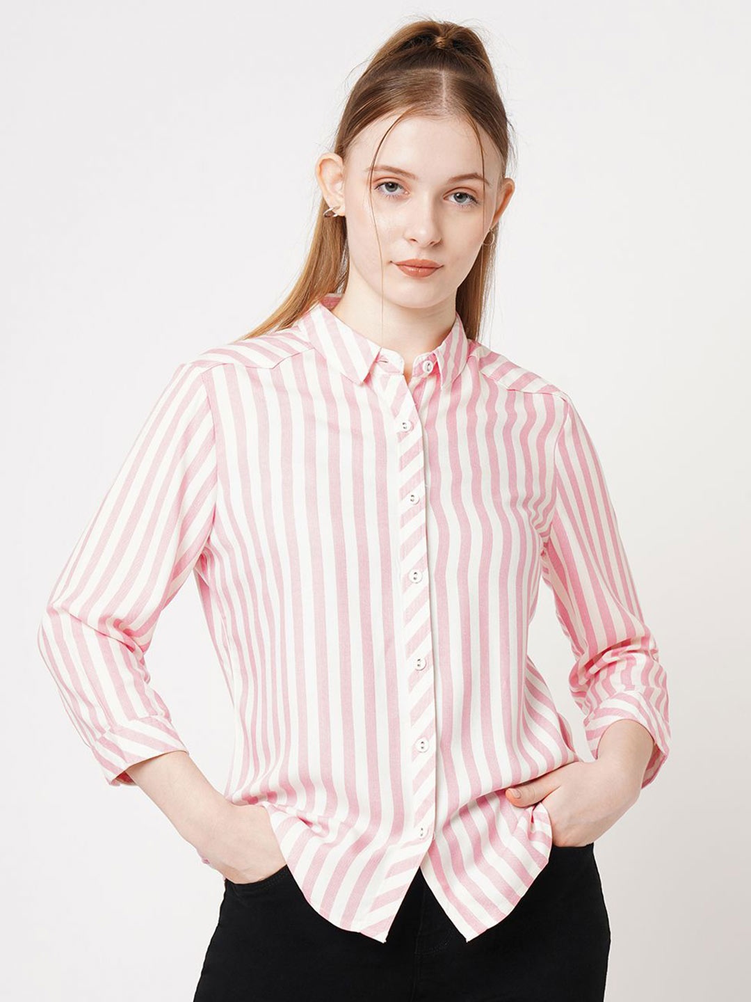 

Kraus Jeans Women Spread Collar Vertical Striped Slim Fit Casual Shirt, Pink