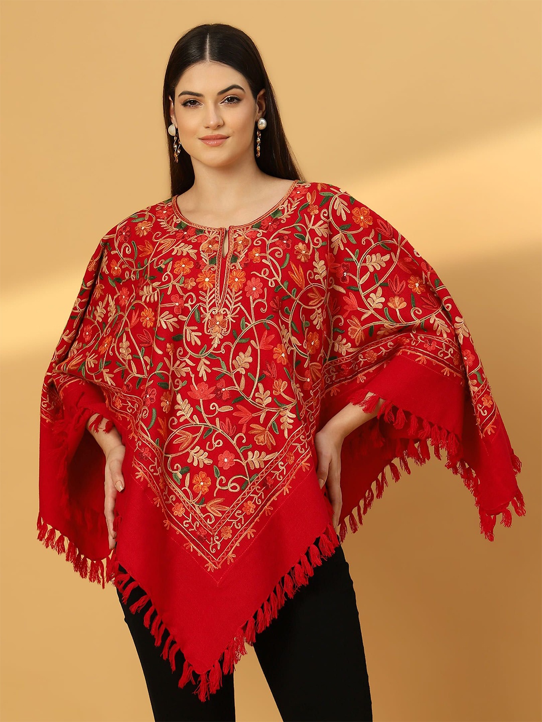 

Zamour Women Embroidered Poncho with Embroidered Detail, Red