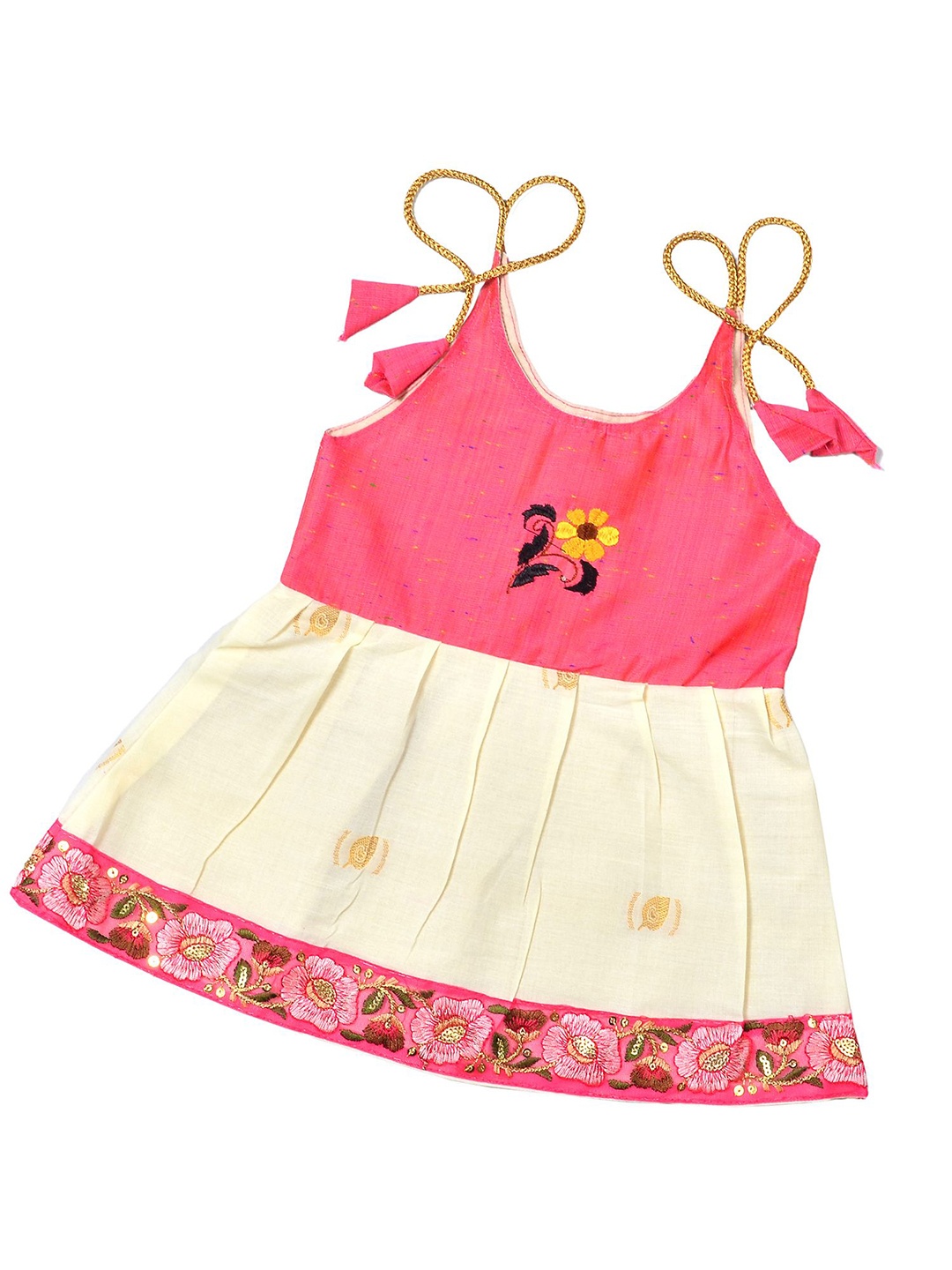 

BAESD Girls Embroidered Kerala Onam Tissue Cotton Tie-Ups Fit and Flare Dress, Pink