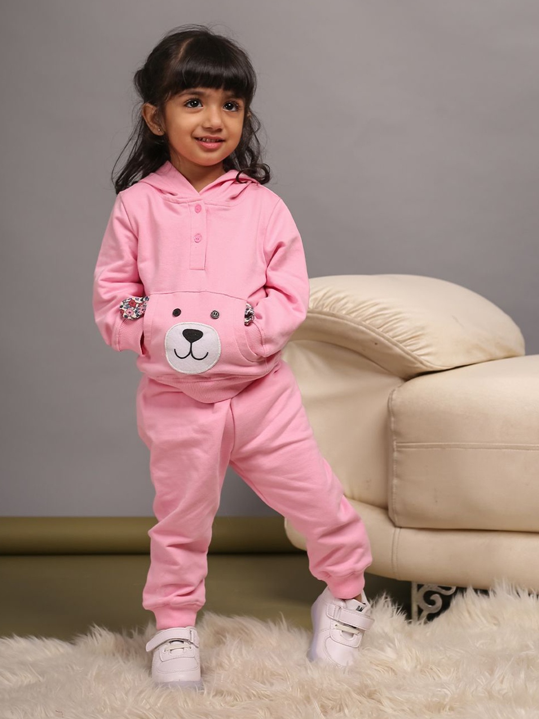 

Budding Bees Girls Hooded Printed Pure Cotton Sweatshirt with Joggers, Pink