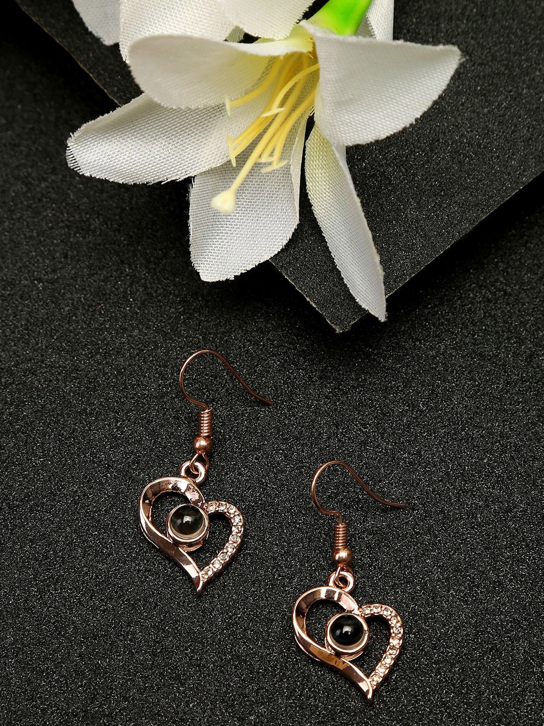 

YouBella Rose Gold-Plated Stone Studded Heart Shaped Drop Earrings