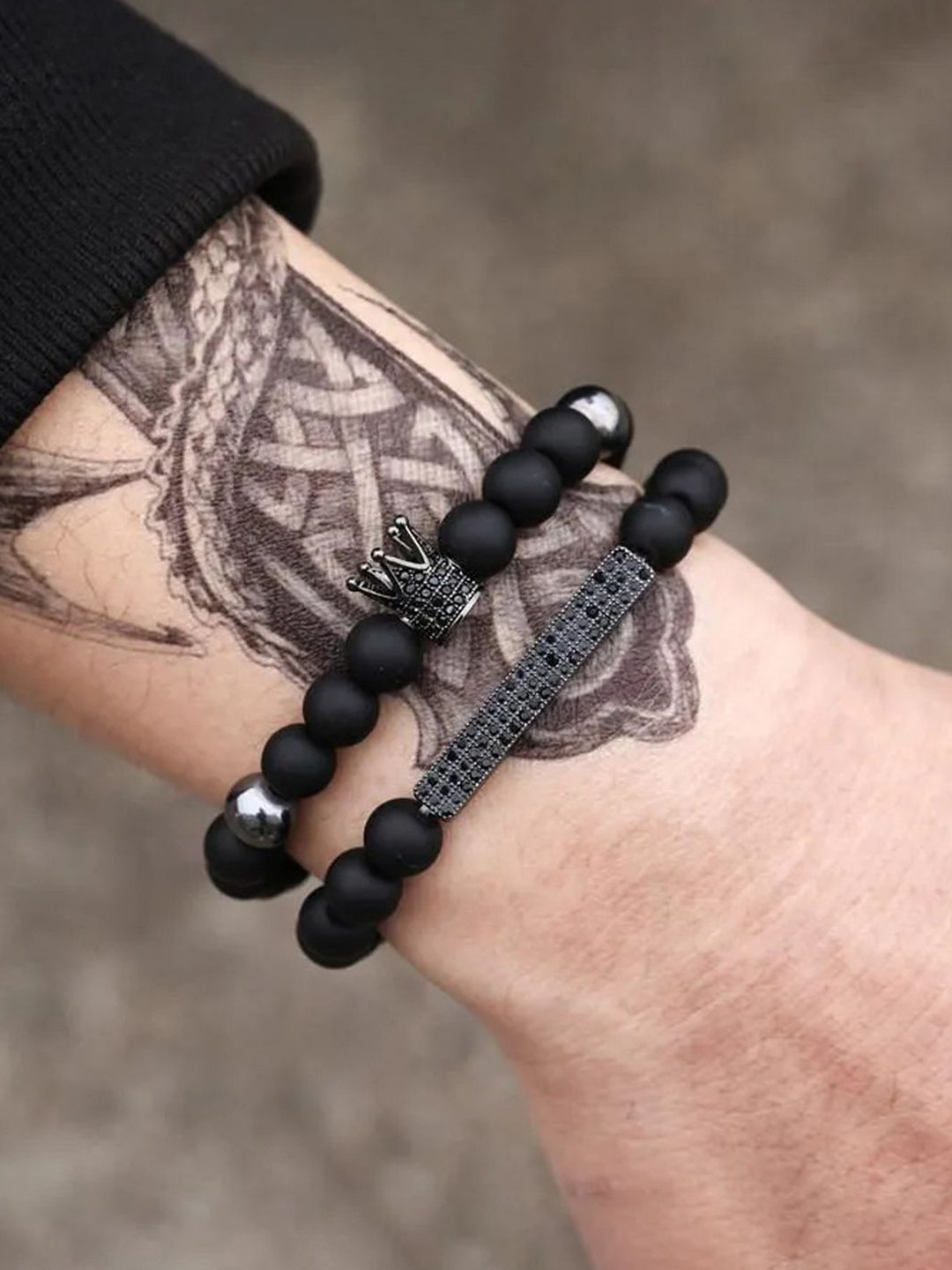 

Designs & You Men Set Of 2 Silver-Plated Beaded Elasticated Bracelet, Black