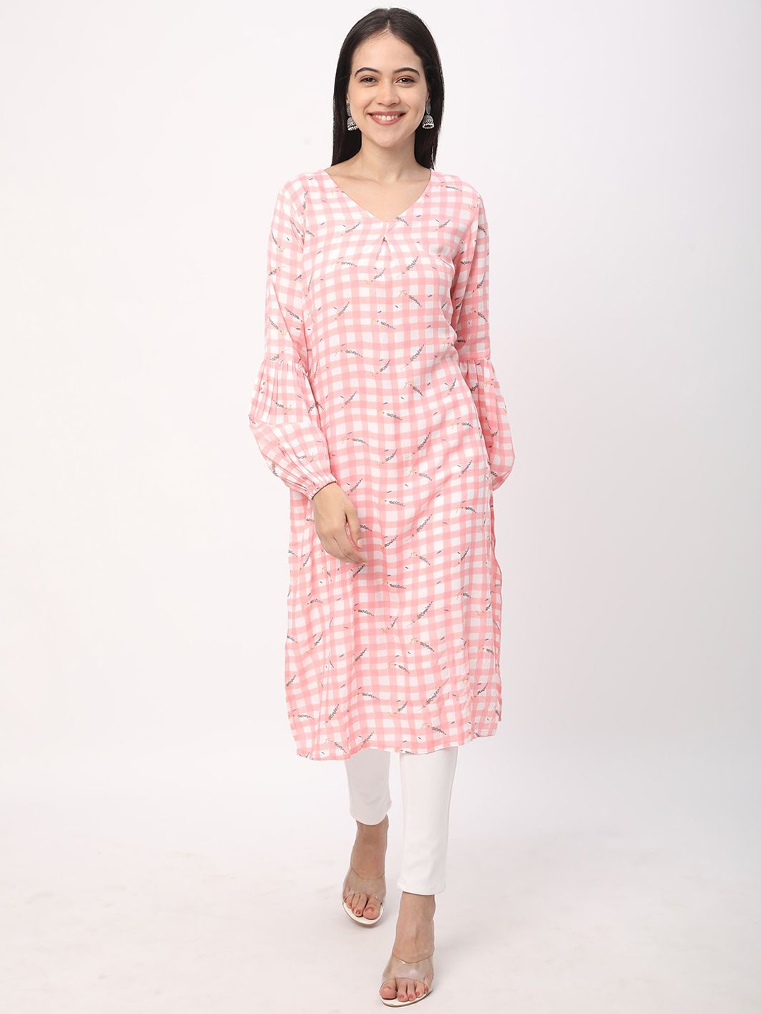 

R&B Checked V-Neck Long Puff Sleeves Regular Straight Kurta, Purple
