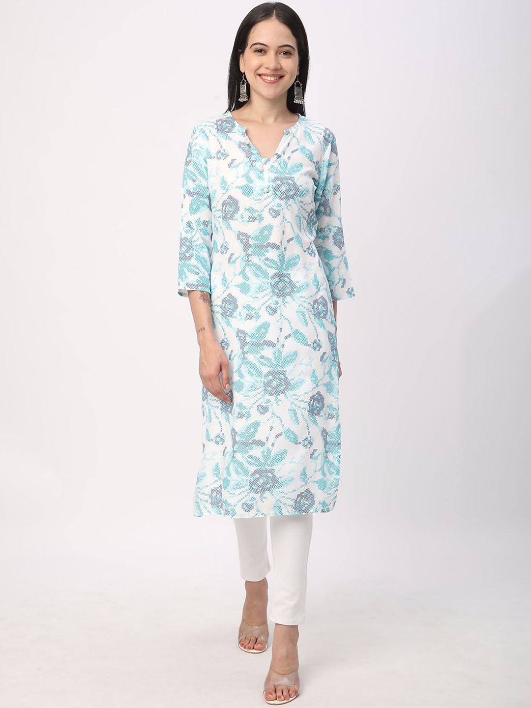 

R&B Floral Printed V-Neck Three-Quarter Sleeves Regular Straight Kurta, White