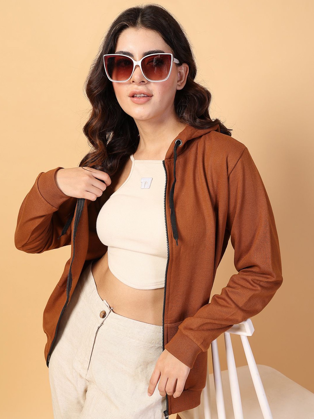 

Rigo Women Cotton Hooded Sweatshirt, Camel brown