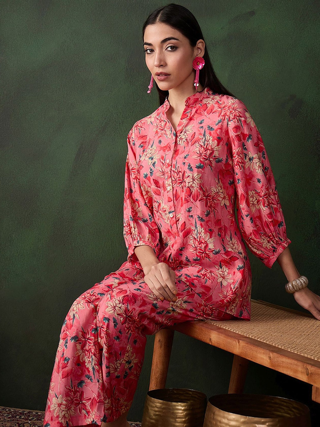

Sangria Pink Floral Printed Mandarin Collar Three-Quarter Sleeves Shirt With Trouser