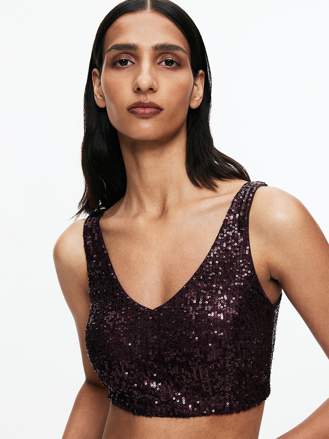 

H&M Women Sequined Bralette Tops, Burgundy