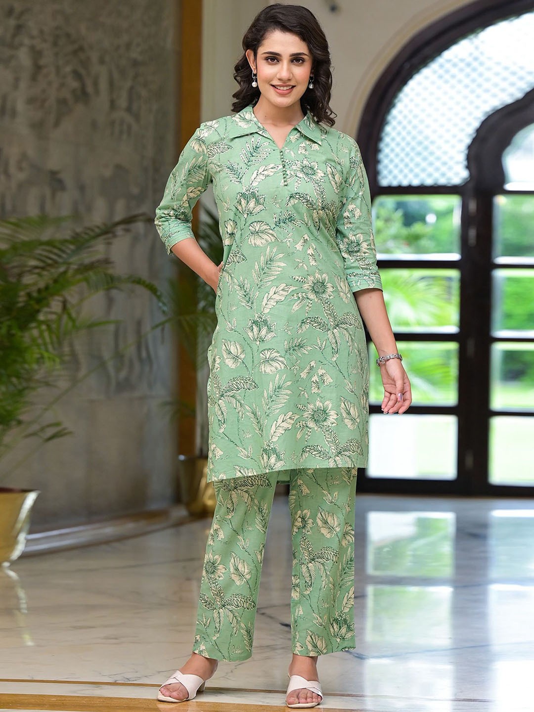

Peachmode Printed Pure Cotton Tunic with Trousers, Green