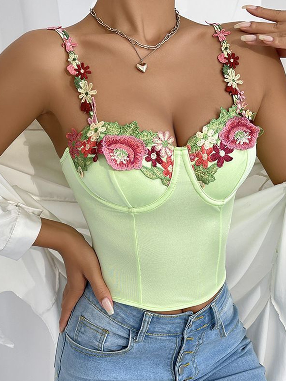 

StyleCast Shoulder Straps Solid Lace-Up Corset Crop Tops, Green