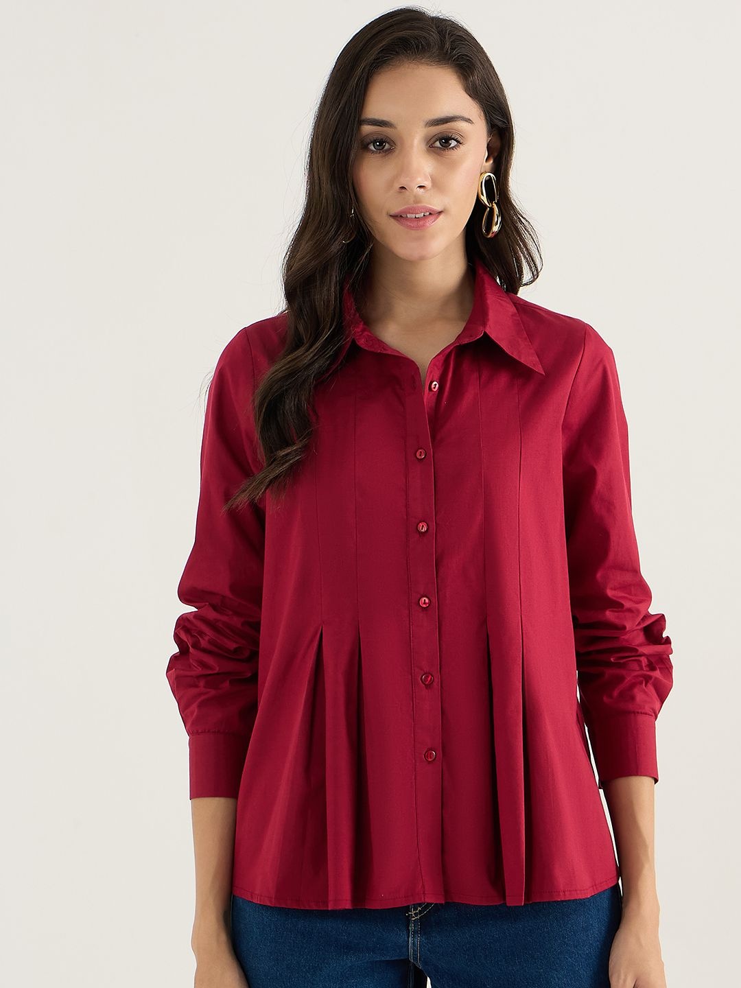 

FEMMELLA Women Standard Spread Collar Solid Cotton Casual Shirt, Red